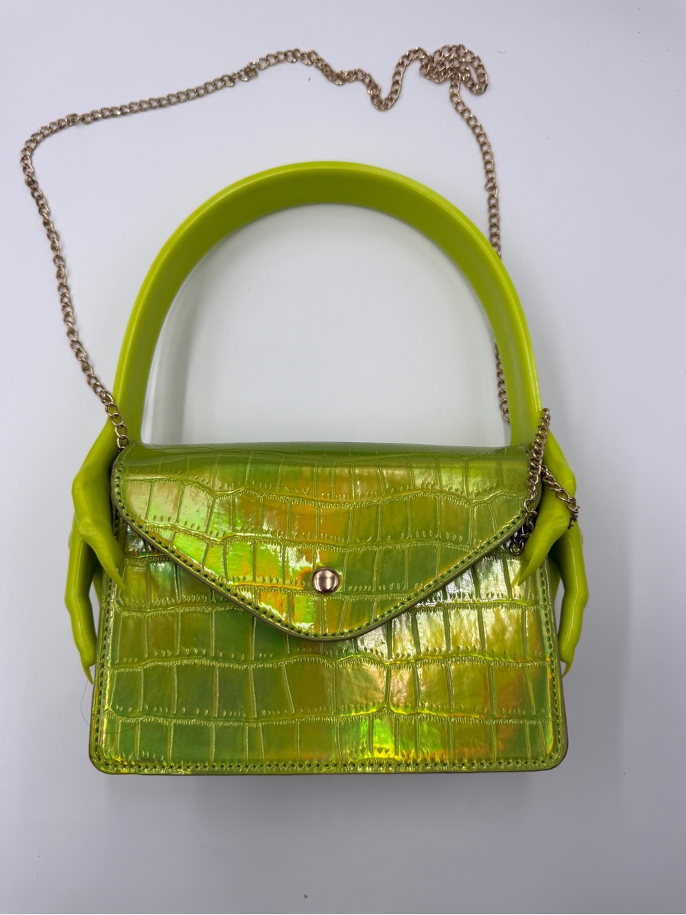 Neon Green Holographic Croc-Effect Shoulder Bag With Detachable Gold Chain